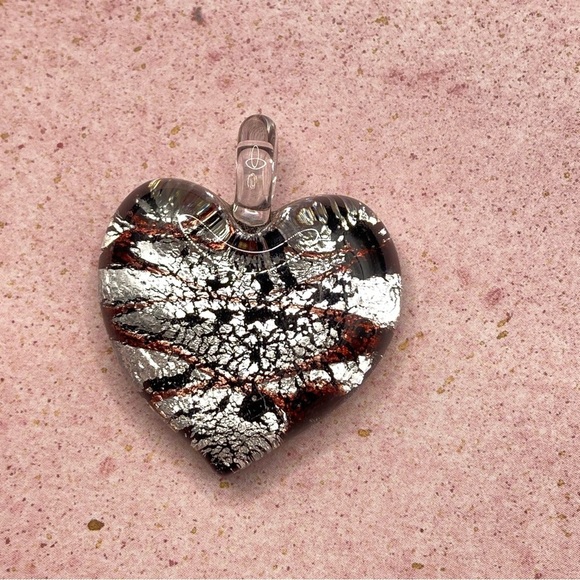 Art Glass Heart Pendant Black Silver With Glass Bail For Necklace - Picture 4 of 4